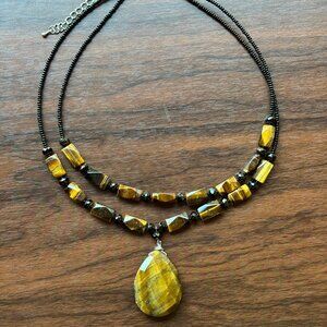 Tiger's Eye and Black Glass Bead Layered Statement Necklace